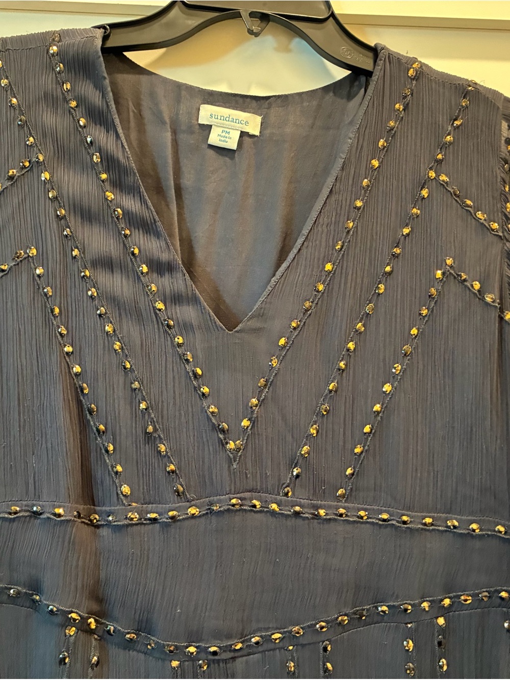 Sundance dark gray/charcoal V-Neck dress with Gold Bead Trim on sheer over layer